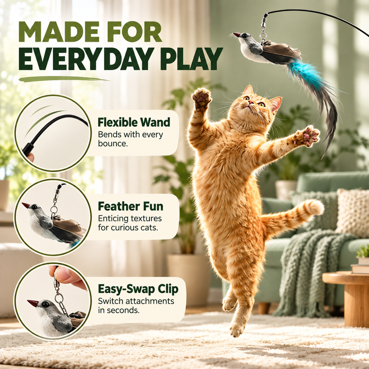 Interactive Feather Cat Wand with Suction Base