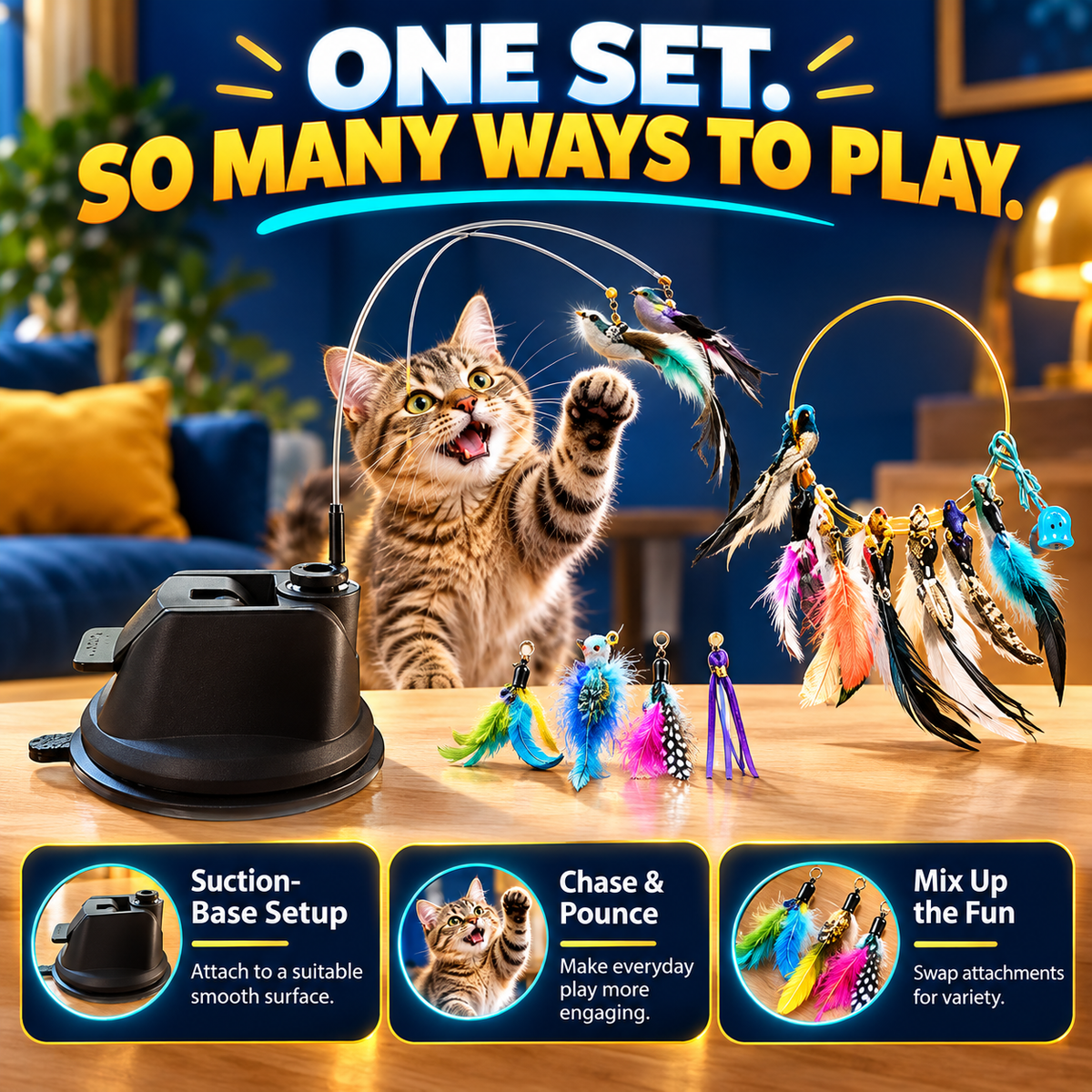 Interactive Feather Cat Wand with Suction Base