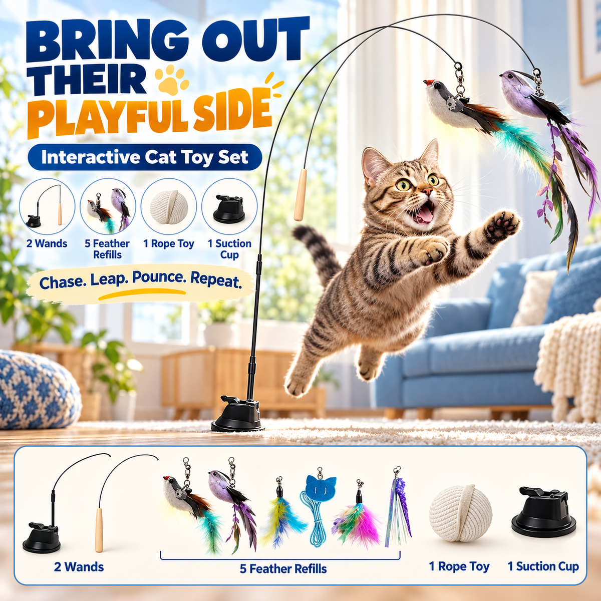 Interactive Feather Cat Wand with Suction Base