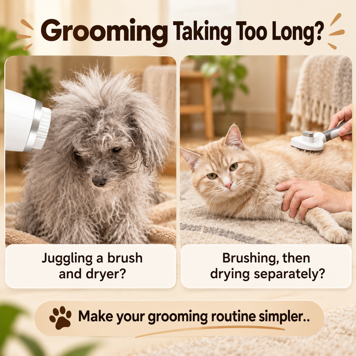 2-in-1 Pet Dryer Brush – 3 Heat Settings & Easy Hair Removal