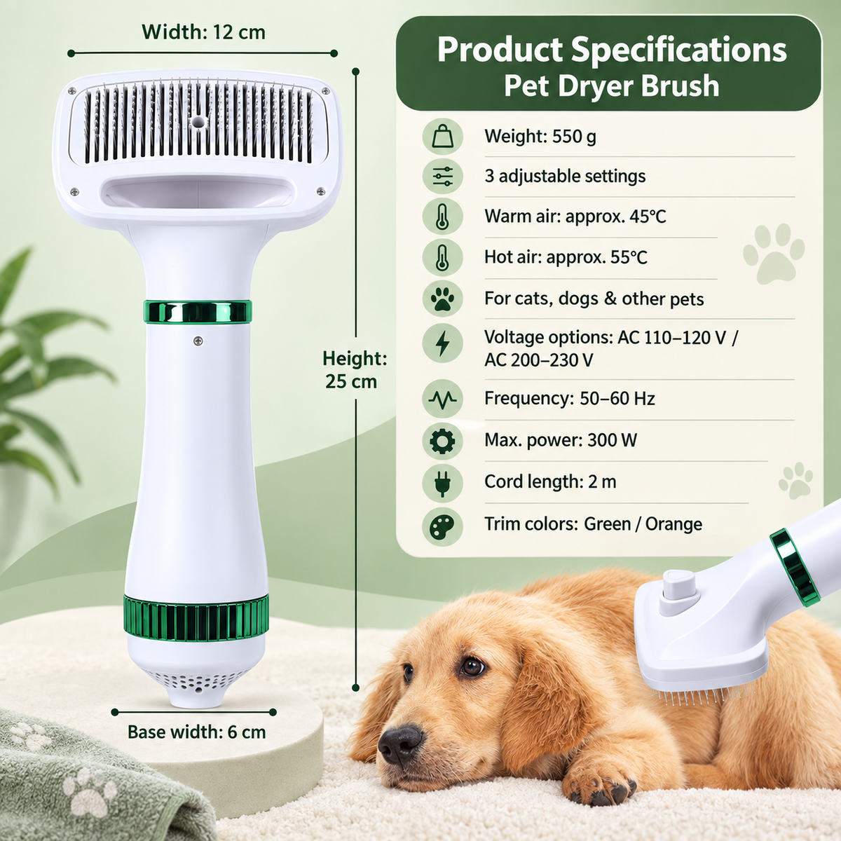 2-in-1 Pet Dryer Brush – 3 Heat Settings & Easy Hair Removal